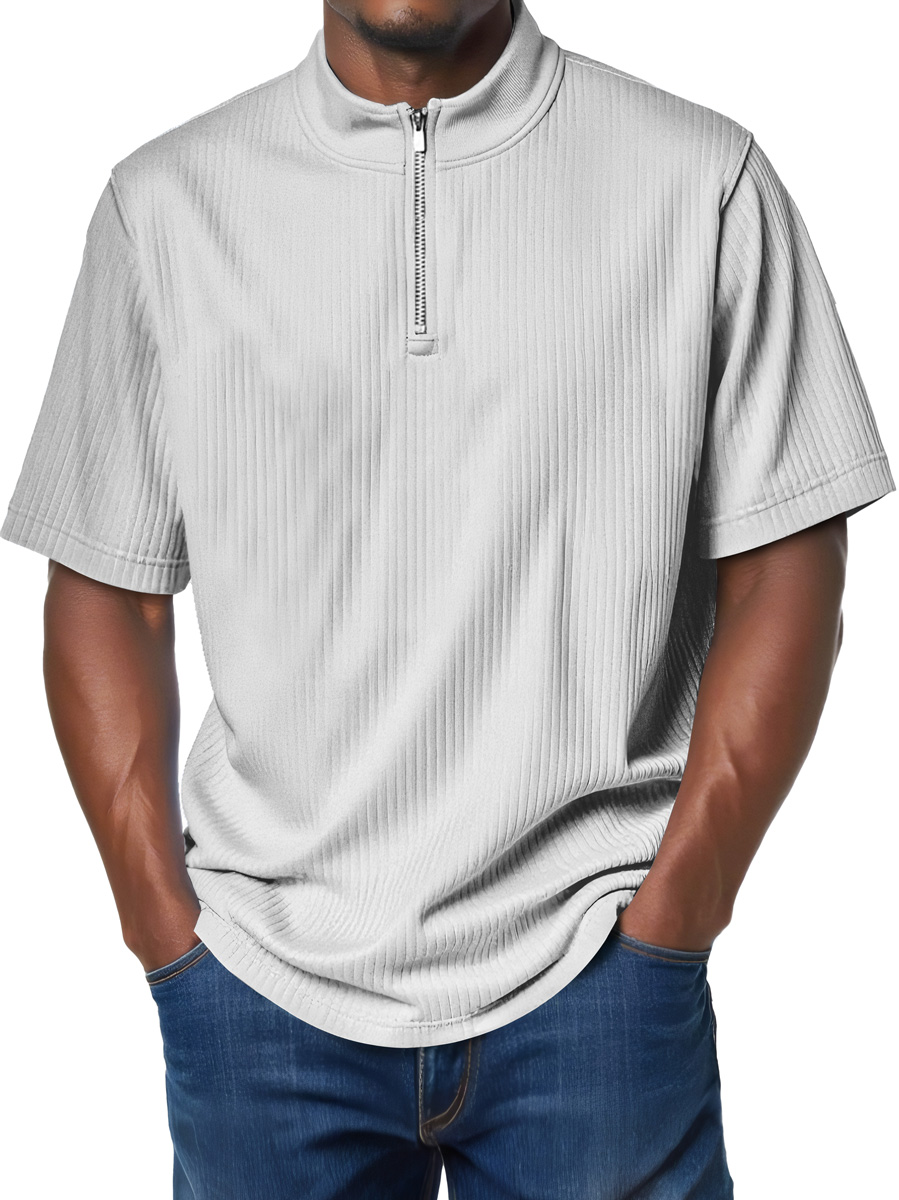 Men's Fashion Stand Collar Zipper Ribbed Texture Casual Comfort Short Sleeve T-shirt