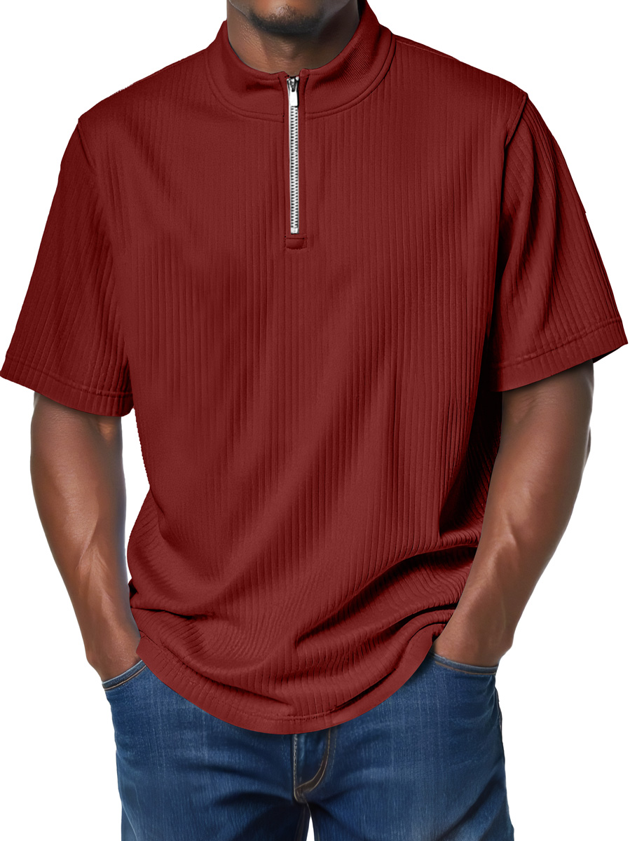 Men's Fashion Stand Collar Zipper Ribbed Texture Casual Comfort Short Sleeve T-shirt