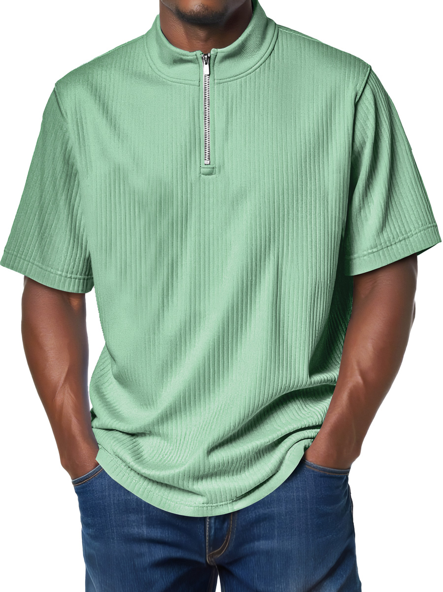 Men's Fashion Stand Collar Zipper Ribbed Texture Casual Comfort Short Sleeve T-shirt