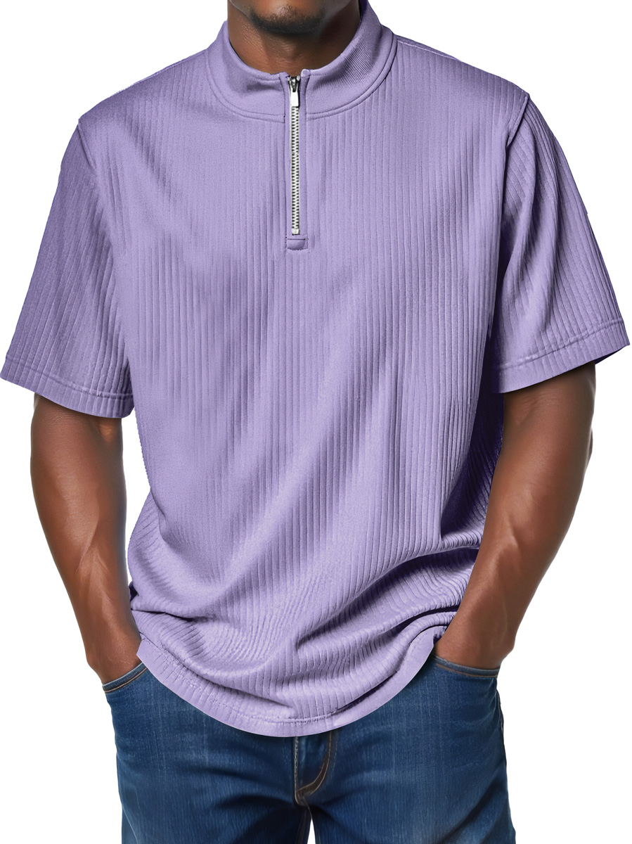 Men's Fashion Stand Collar Zipper Ribbed Texture Casual Comfort Short Sleeve T-shirt