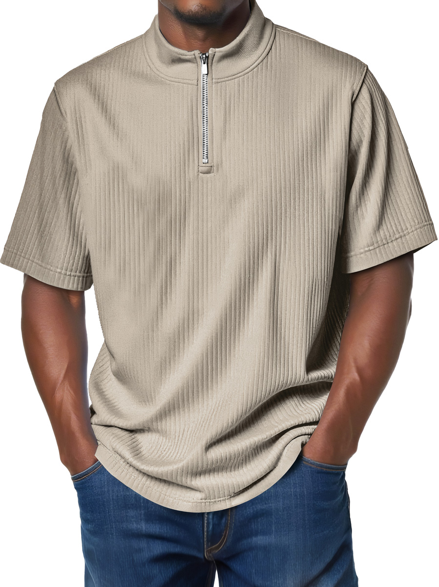 Men's Fashion Stand Collar Zipper Ribbed Texture Casual Comfort Short Sleeve T-shirt