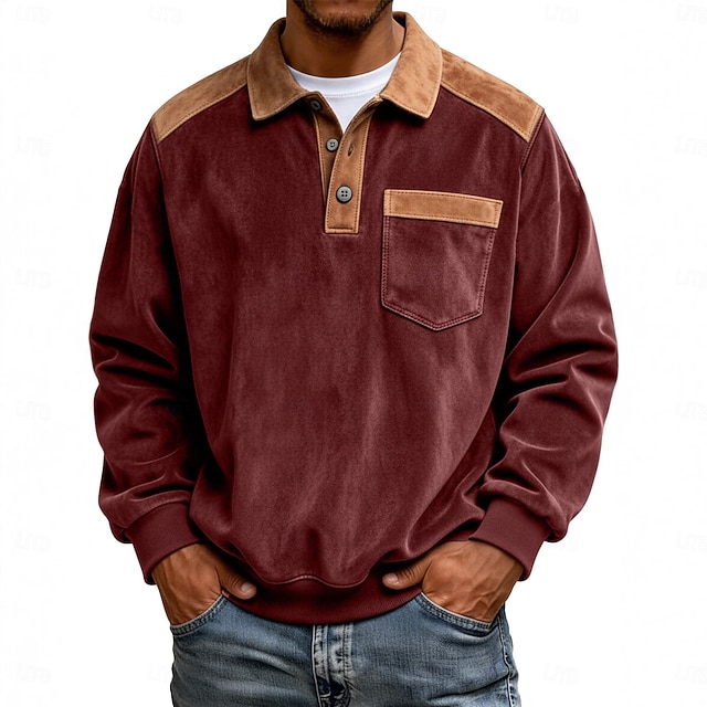 Men's Faux Suede Zip Polo Pullover Sweatshirt Vacation Street Long Sleeve Fashion Block Patchwork