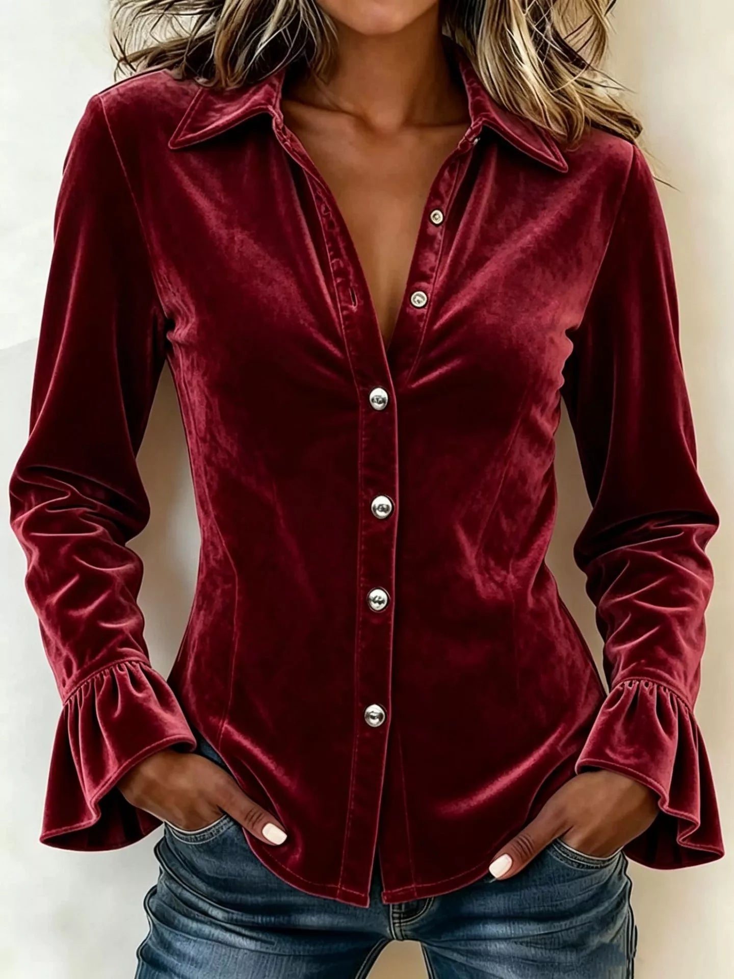 Parisian-Inspired Flounce Sleeve Button-Up Shirt