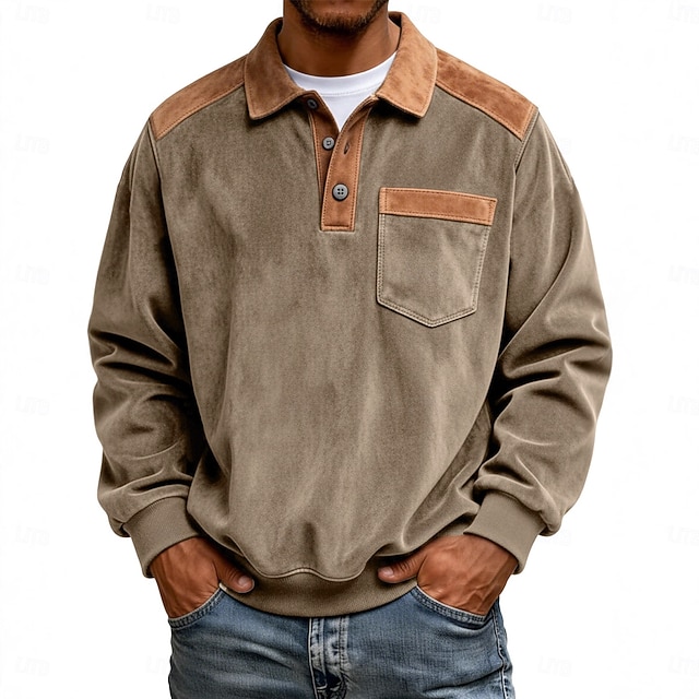 Men's Faux Suede Zip Polo Pullover Sweatshirt Vacation Street Long Sleeve Fashion Block Patchwork