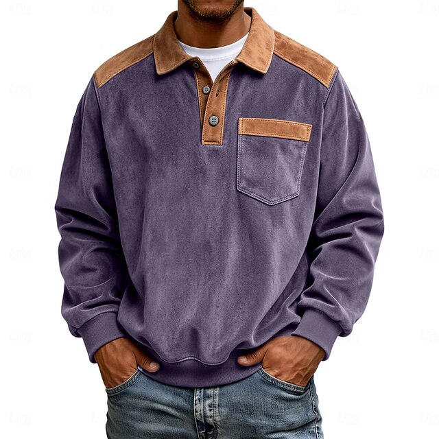Men's Faux Suede Zip Polo Pullover Sweatshirt Vacation Street Long Sleeve Fashion Block Patchwork