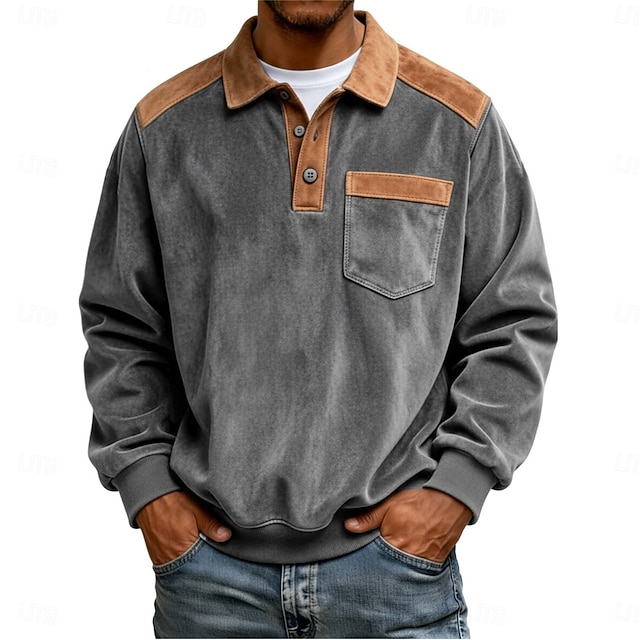 Men's Faux Suede Zip Polo Pullover Sweatshirt Vacation Street Long Sleeve Fashion Block Patchwork