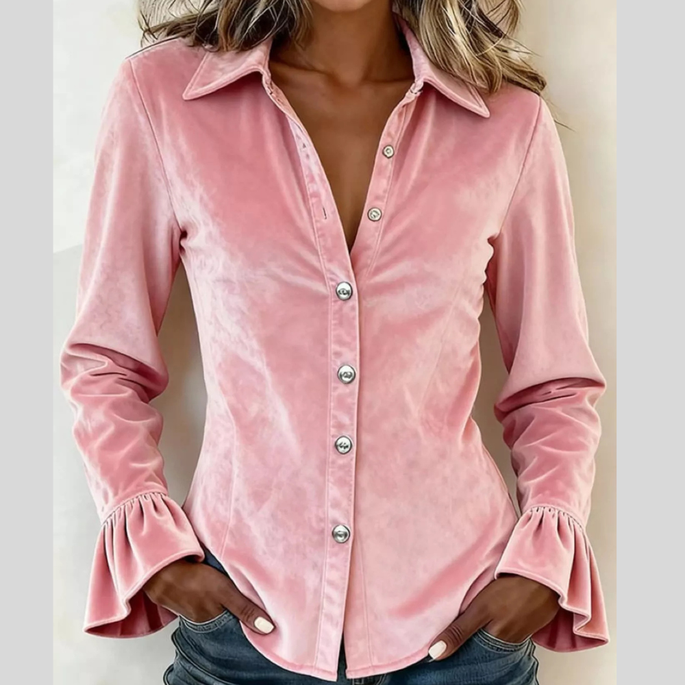 Parisian-Inspired Flounce Sleeve Button-Up Shirt