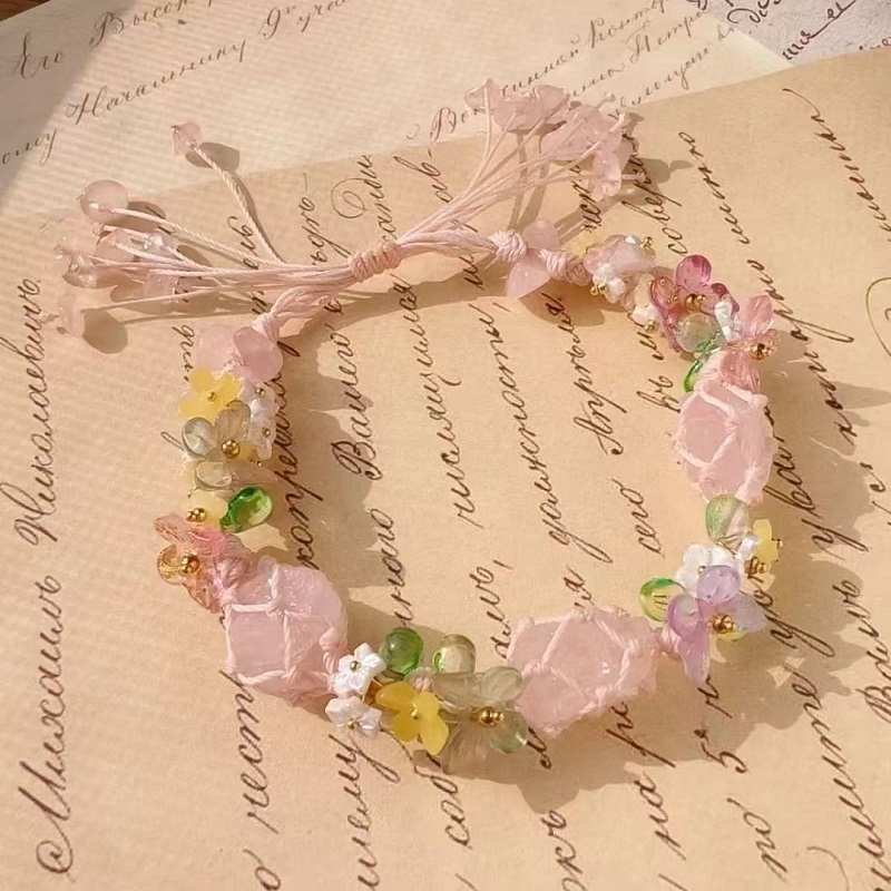 🌸Crystal Bracelet – Handwoven Floral Gemstone Rope Bracelet, Inspired Soft Aesthetic Jewelry ✨