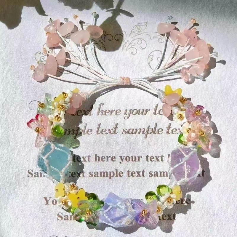 🌸Crystal Bracelet – Handwoven Floral Gemstone Rope Bracelet, Inspired Soft Aesthetic Jewelry ✨