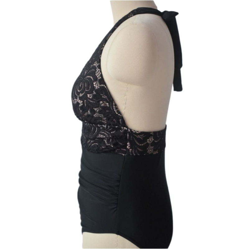 Lace Patchwork Black One Piece Swimwear