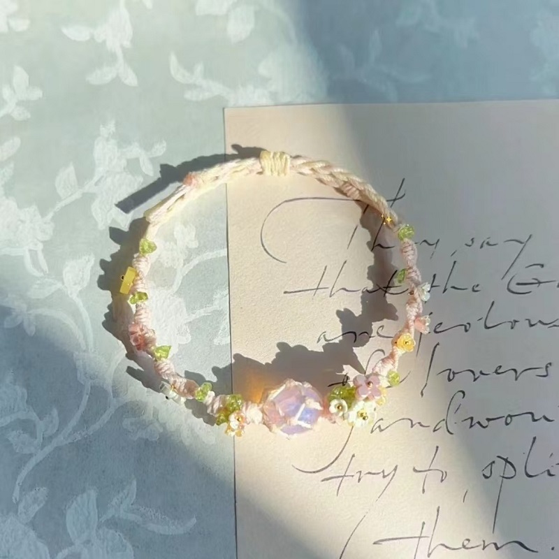 🌸Crystal Bracelet – Handwoven Floral Gemstone Rope Bracelet, Inspired Soft Aesthetic Jewelry ✨