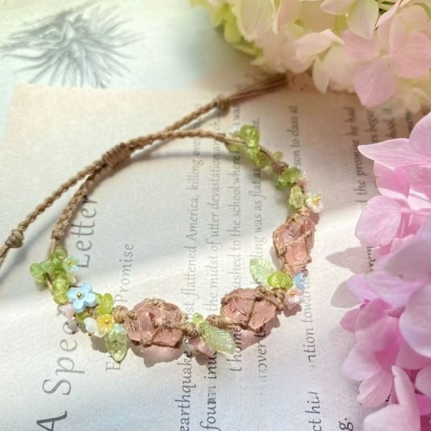 🌸Crystal Bracelet – Handwoven Floral Gemstone Rope Bracelet, Inspired Soft Aesthetic Jewelry ✨