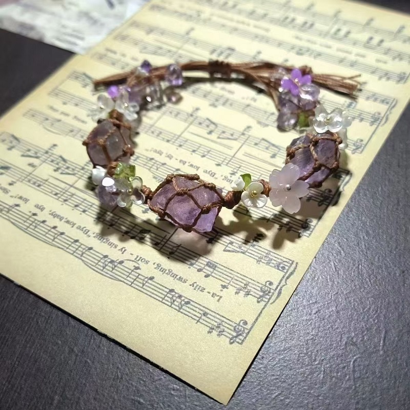 🌸Crystal Bracelet – Handwoven Floral Gemstone Rope Bracelet, Inspired Soft Aesthetic Jewelry ✨