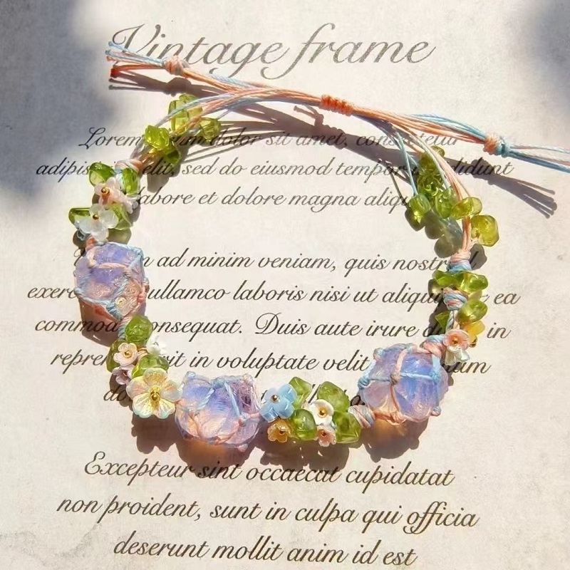 🌸Crystal Bracelet – Handwoven Floral Gemstone Rope Bracelet, Inspired Soft Aesthetic Jewelry ✨