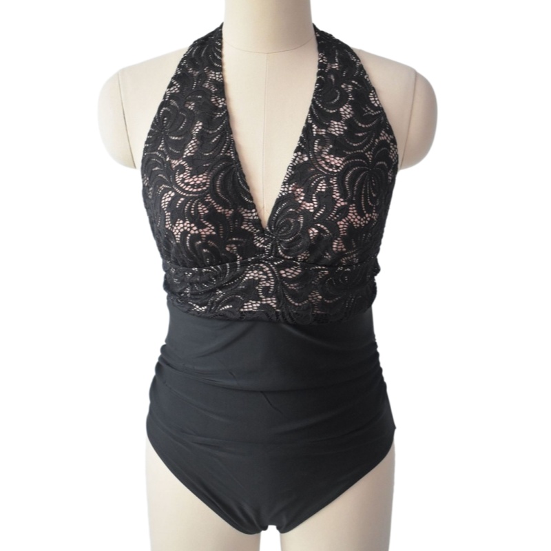Lace Patchwork Black One Piece Swimwear