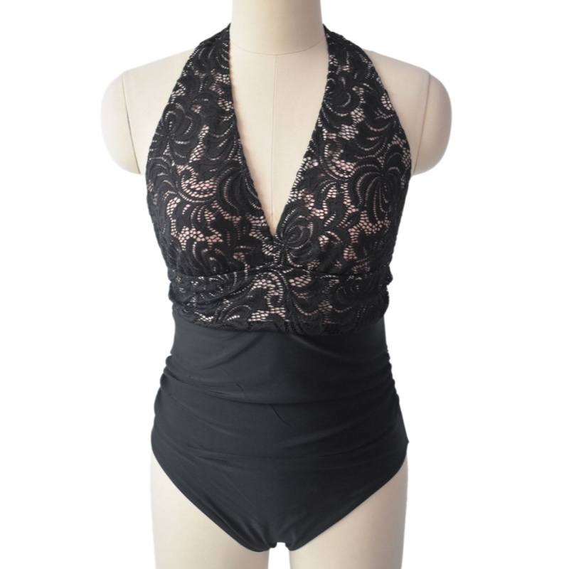 Lace Patchwork Black One Piece Swimwear