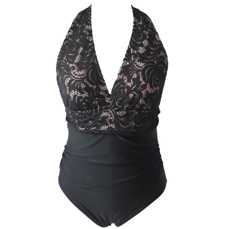 Lace Patchwork Black One Piece Swimwear