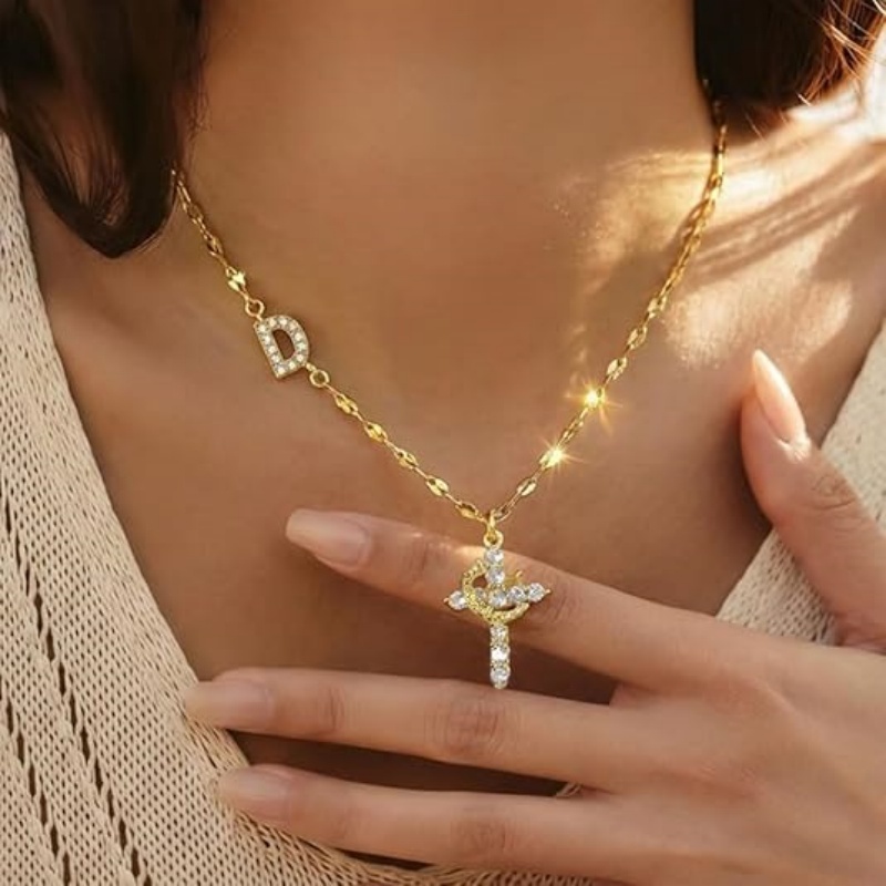 Crown Cross Initial Necklace for Women