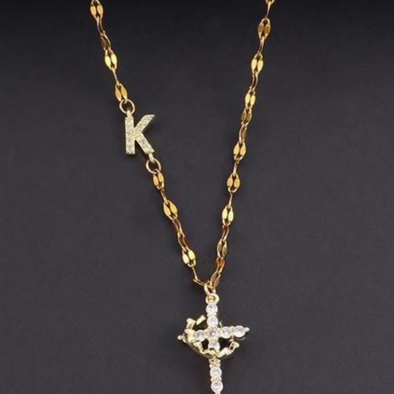 Crown Cross Initial Necklace for Women