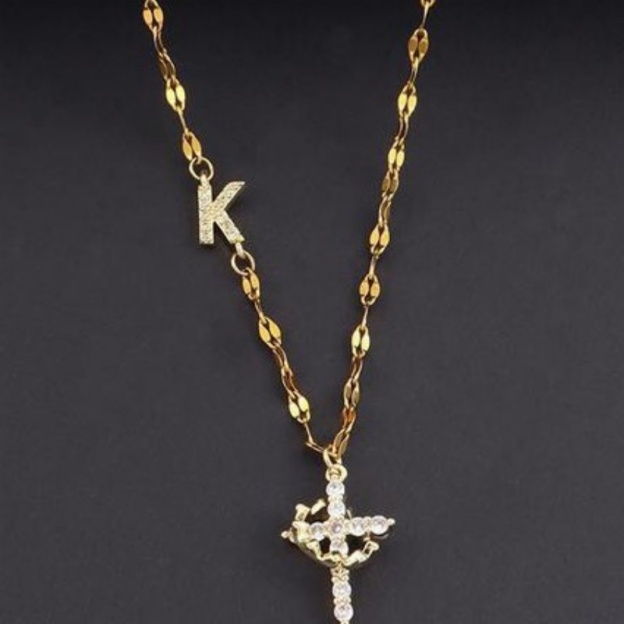Crown Cross Initial Necklace for Women