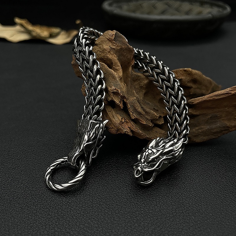 Men’s Dual Dragon Head Stainless Steel Bracelet – Heavy Braided Chain, Bold Gothic Style, Premium Cast Jewelry