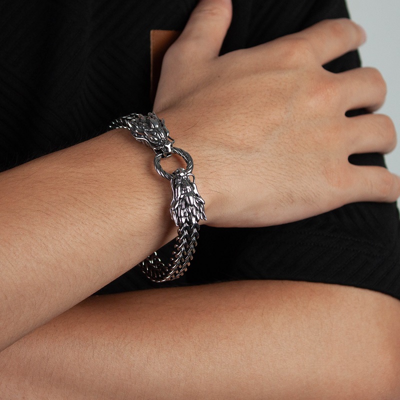 Men’s Dual Dragon Head Stainless Steel Bracelet – Heavy Braided Chain, Bold Gothic Style, Premium Cast Jewelry