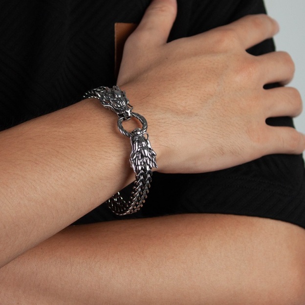 Men’s Dual Dragon Head Stainless Steel Bracelet – Heavy Braided Chain, Bold Gothic Style, Premium Cast Jewelry