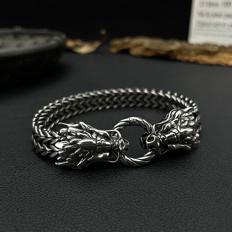 Men’s Dual Dragon Head Stainless Steel Bracelet – Heavy Braided Chain, Bold Gothic Style, Premium Cast Jewelry