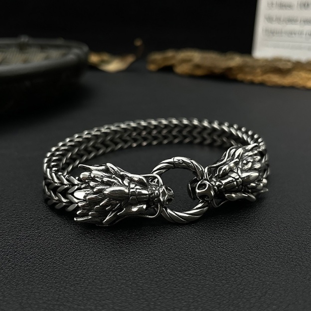 Men’s Dual Dragon Head Stainless Steel Bracelet – Heavy Braided Chain, Bold Gothic Style, Premium Cast Jewelry