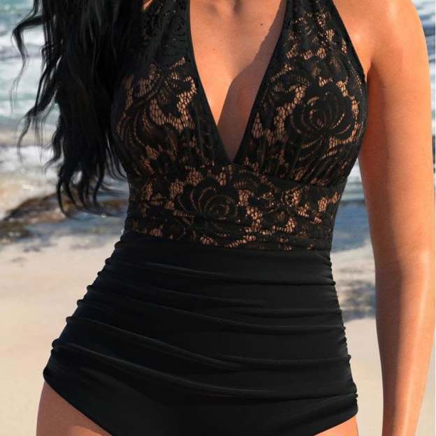 Lace Patchwork Black One Piece Swimwear