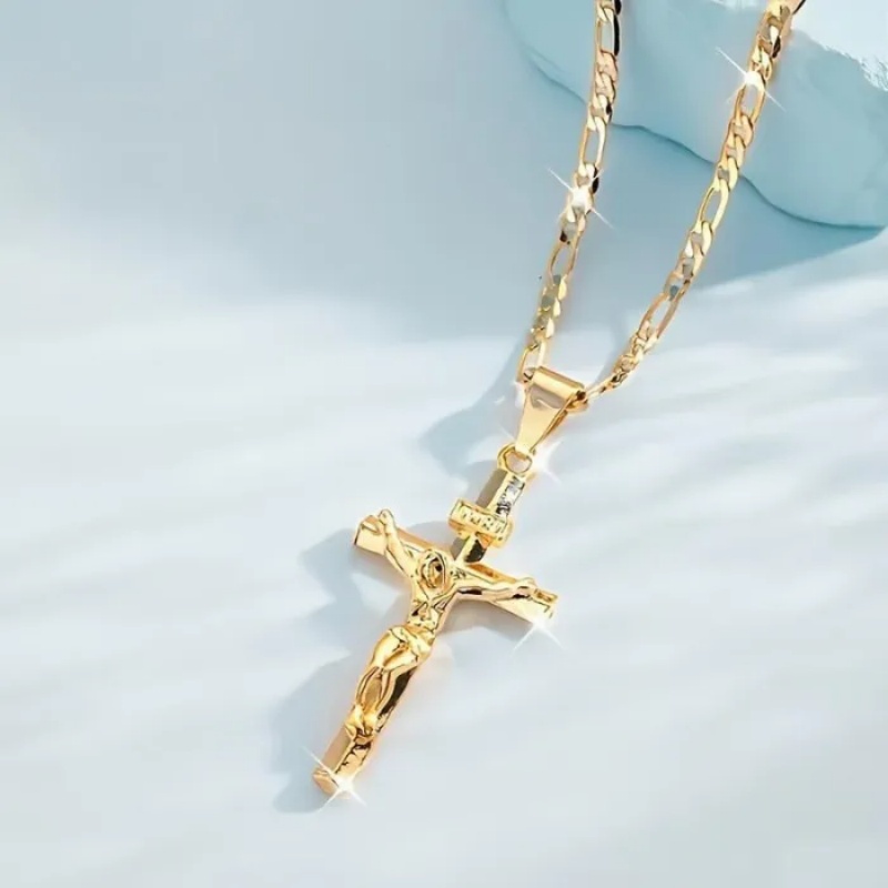 Gold Crucifix Necklace Figaro Chain