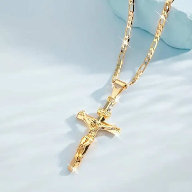 Gold Crucifix Necklace Figaro Chain