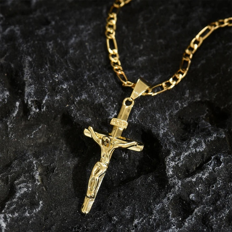 Gold Crucifix Necklace Figaro Chain