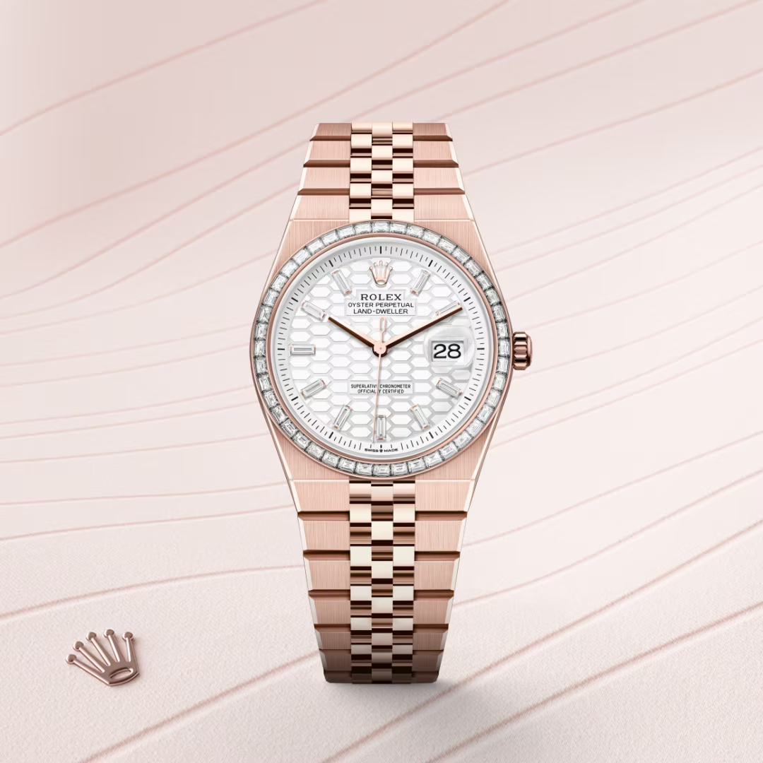 Rolex Land-Dweller Oyster, 36 mm, růžové zlato a diamanty