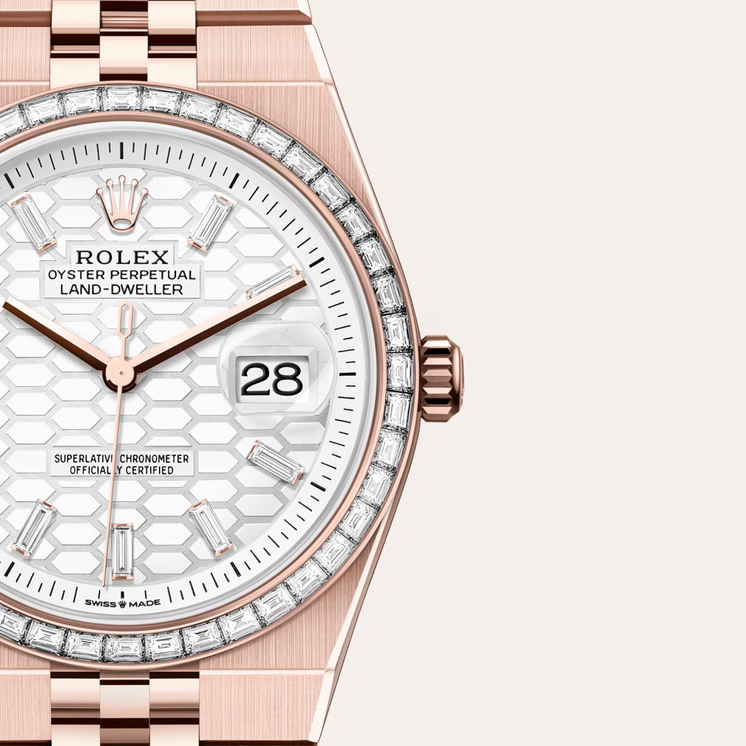 Rolex Land-Dweller Oyster, 36 mm, růžové zlato a diamanty