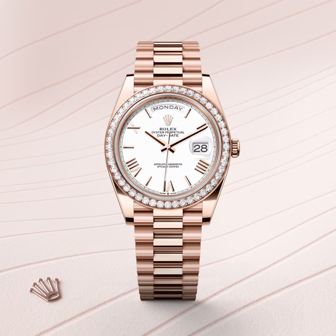 Rolex Day-Date 40 Oyster, 40 mm, růžové zlato a diamanty