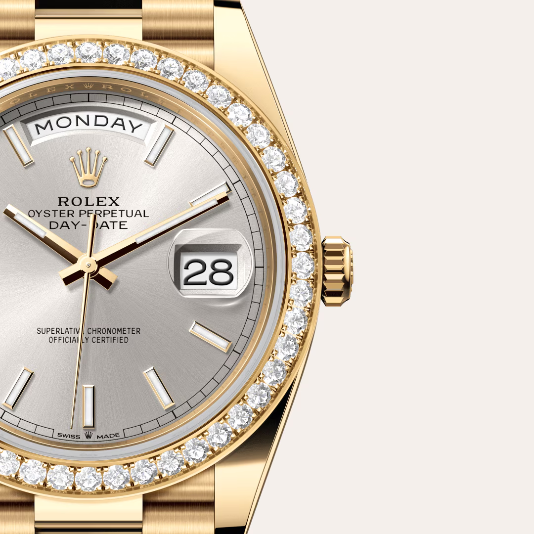 Rolex Day-Date 40 Oyster, 40 mm, žluté zlato a diamanty