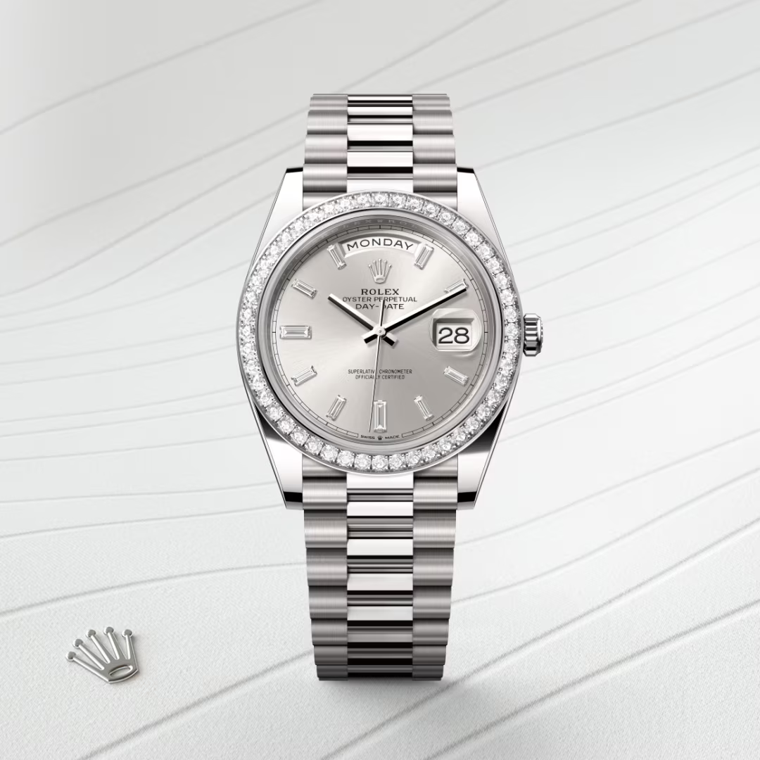 Rolex Day-Date 40 Oyster, 40 mm, bílé zlato a diamanty