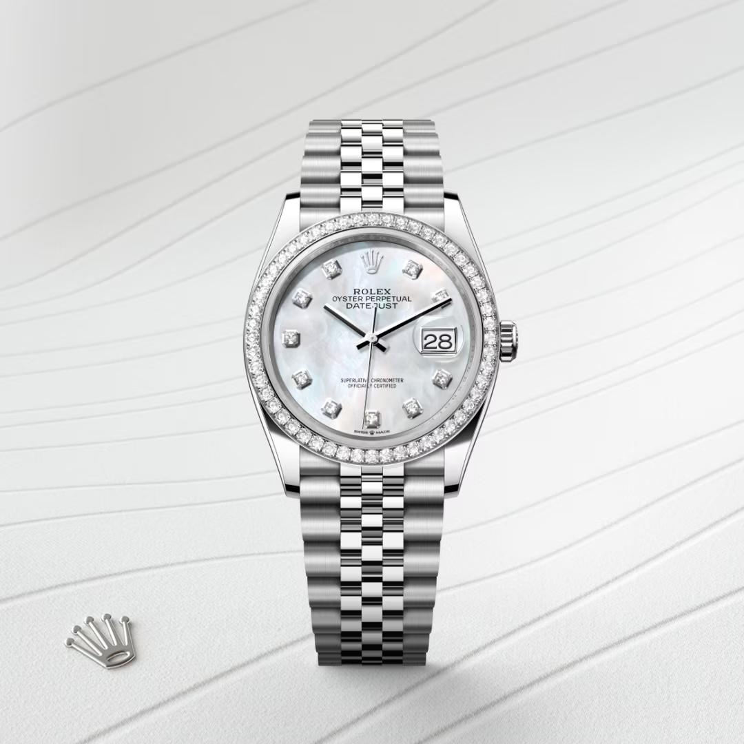 Rolex Datejust 36 Oyster, 36 mm, ocel Oyster, bílé zlato a diamanty