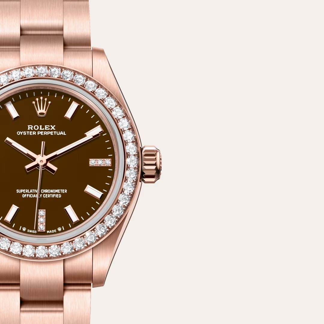 Rolex Oyster Perpetual 28 Oyster, 28 mm, růžové zlato a diamanty