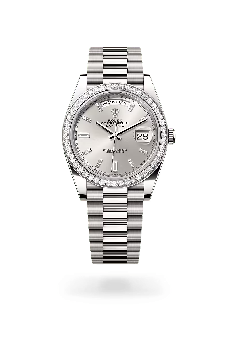 Rolex Day-Date 40 Oyster, 40 mm, bílé zlato a diamanty