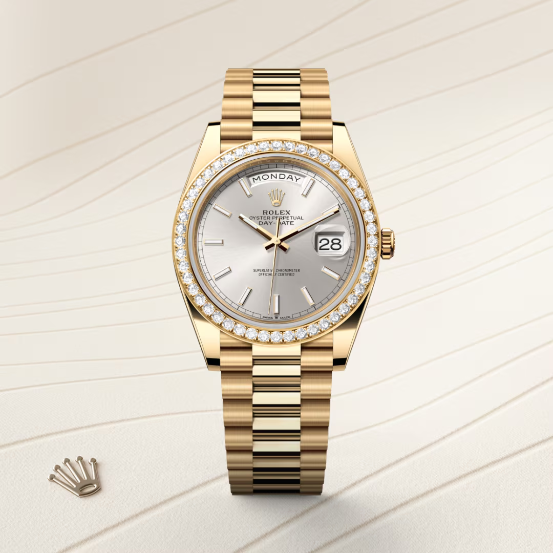 Rolex Day-Date 40 Oyster, 40 mm, žluté zlato a diamanty