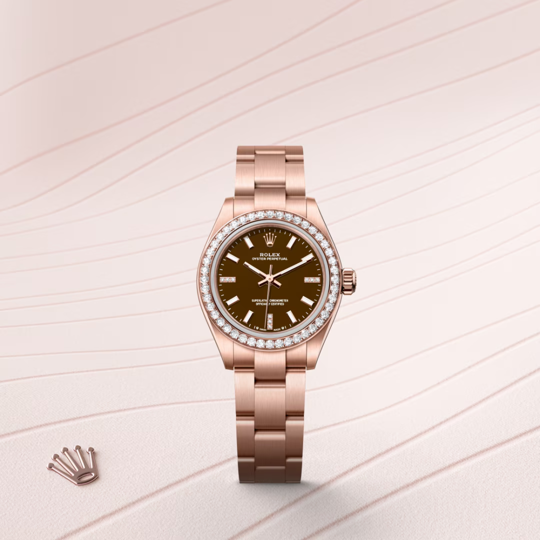 Rolex Oyster Perpetual 28 Oyster, 28 mm, růžové zlato a diamanty