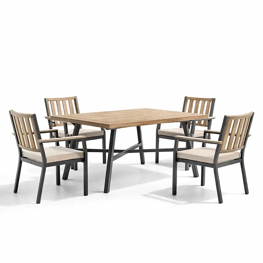 Set tavolo e sedie in Legno e Metallo con Cuscini Beige Cinque Pezzi-HOMESOOTHE