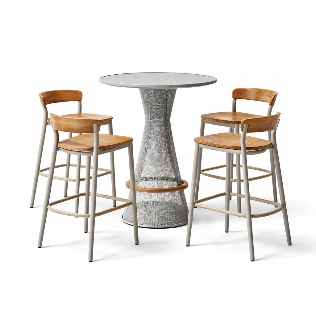 Set tavolo e sgabelli da bar in Metallo Grigio con Quattro Sgabelli in Legno-HOMESOOTHE