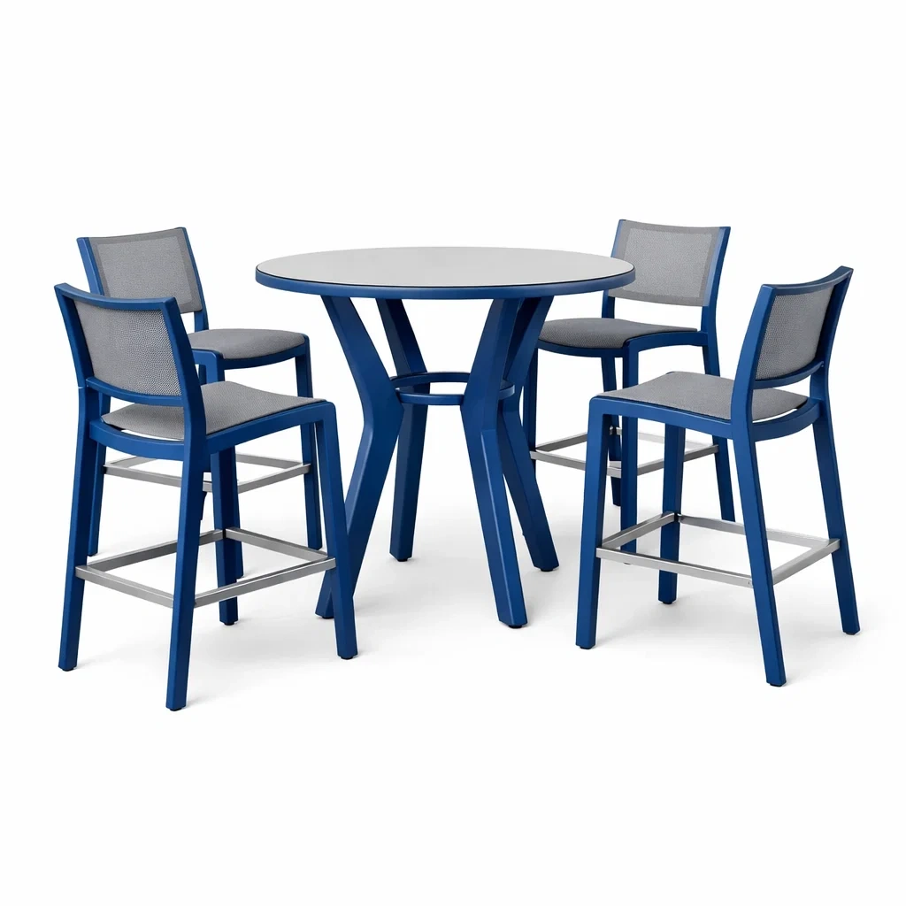 Set tavolo e sgabelli da bar rotondo in Alluminio con Quattro Sgabelli Blu e Grigio-HOMESOOTHE