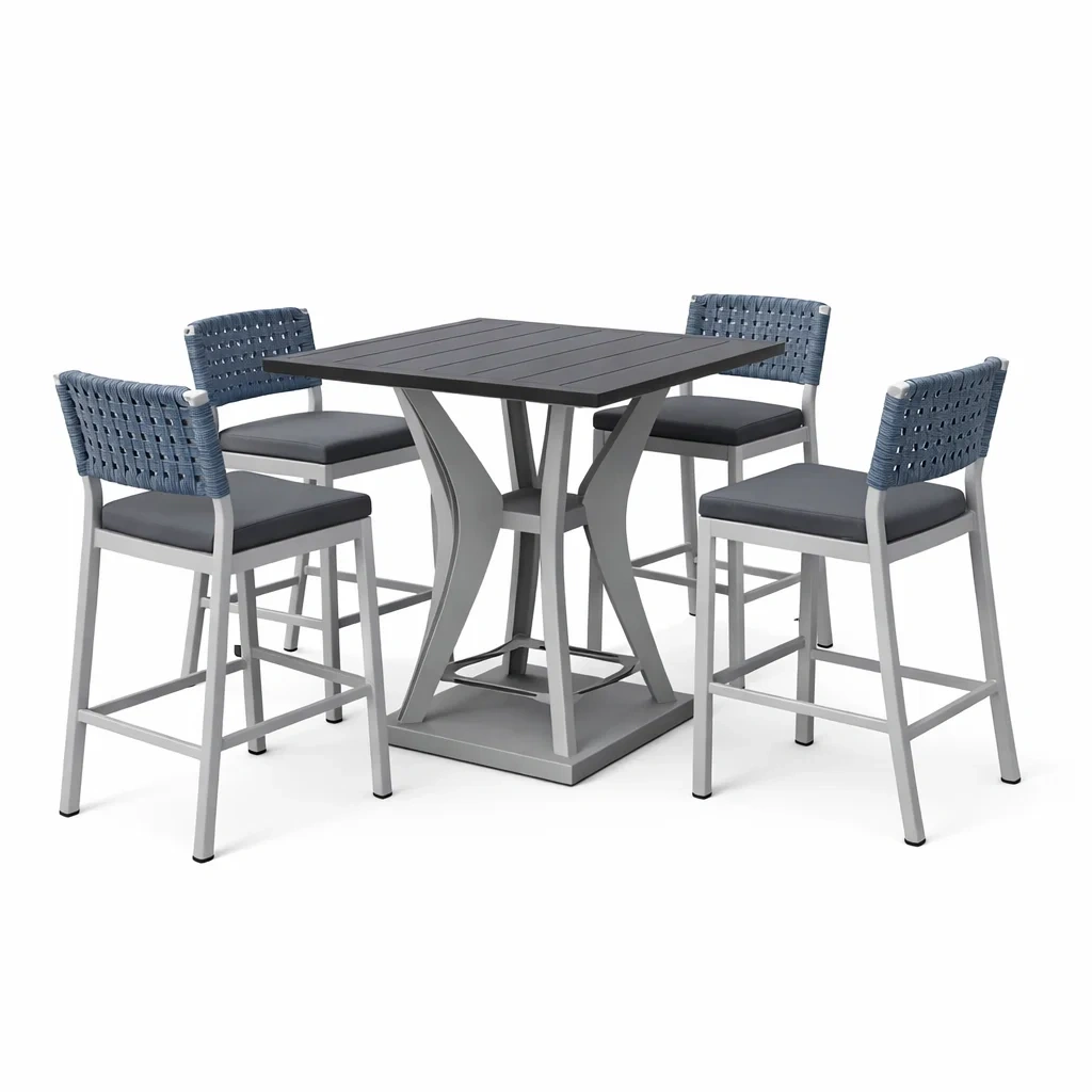 Set tavolo e sgabelli da bar quadrato in Alluminio con Quattro Sgabelli Blu e Cuscini in Tessuto-HOMESOOTHE