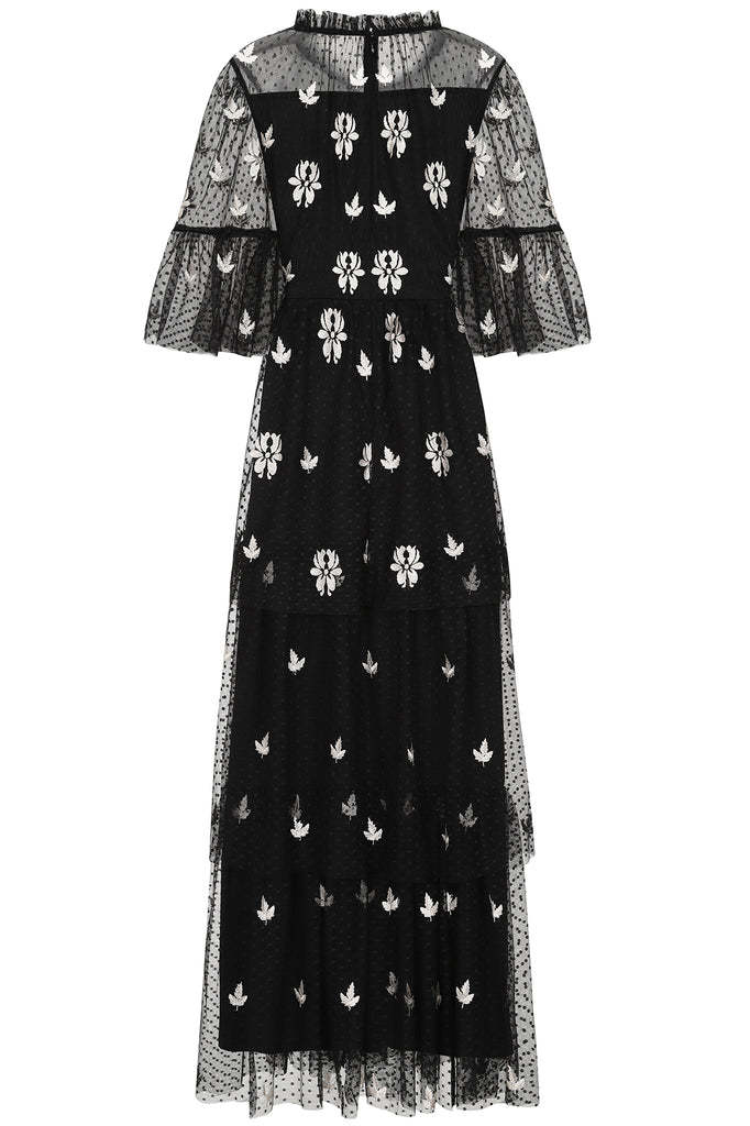 Black Leaf Embroidered Tiered Maxi Dress