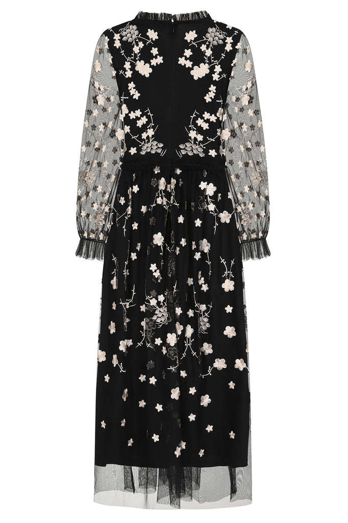Black Floral Embroidered Midi Dress