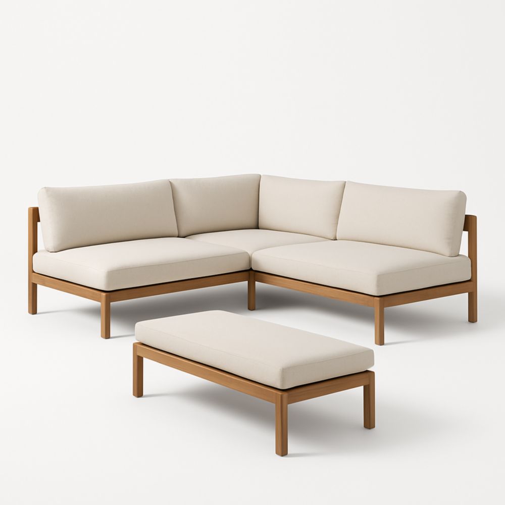 Ensemble Canapé d'Angle avec Pouf en Bois Beige